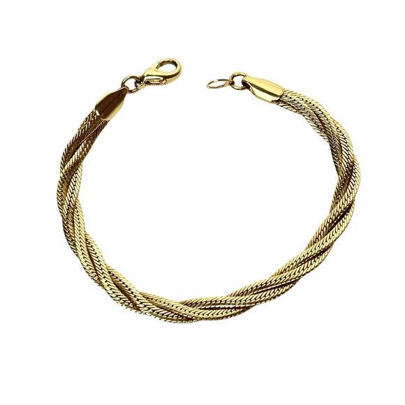 Bracelet Womens Braided Flat Herringbone Chain Classic Sleek Gold Tone Shiny - Picture 1 of 8